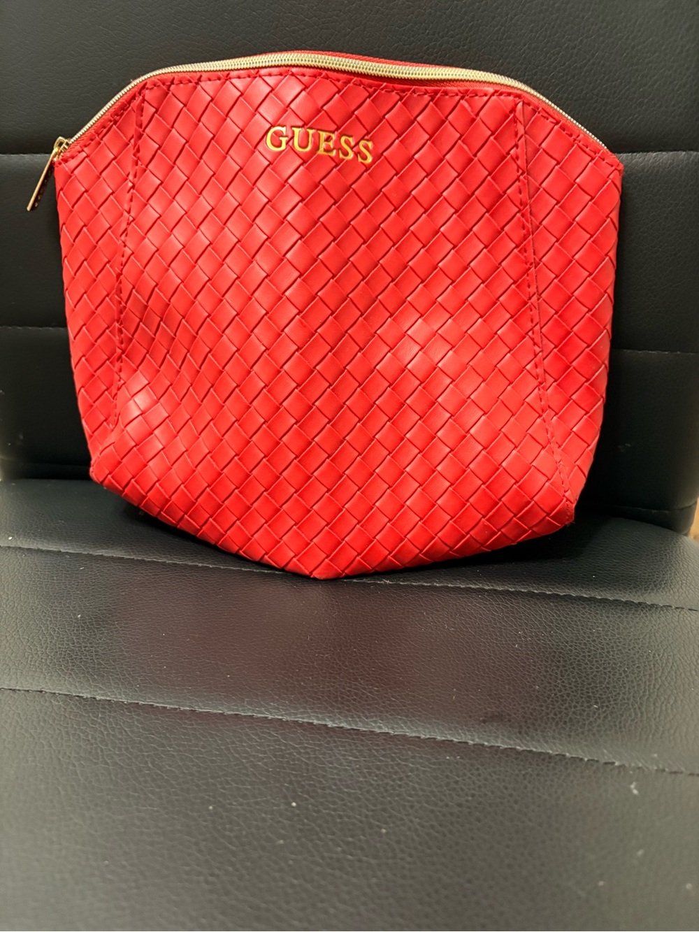 GUESS Red Woven Cosmetic Pouch with Gold Logo